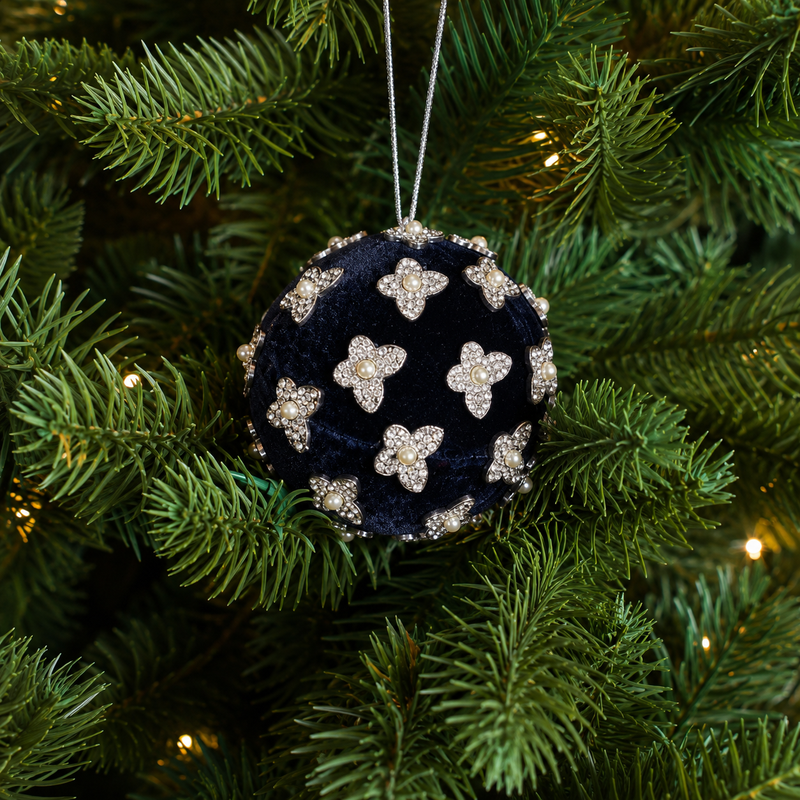 4" Dark Blue Velvet Ornament With Silver Butterflies Set Of 8