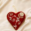 4.5" Red Velvet Heart Ornament With Beaded Pearl Flowers Set Of 6