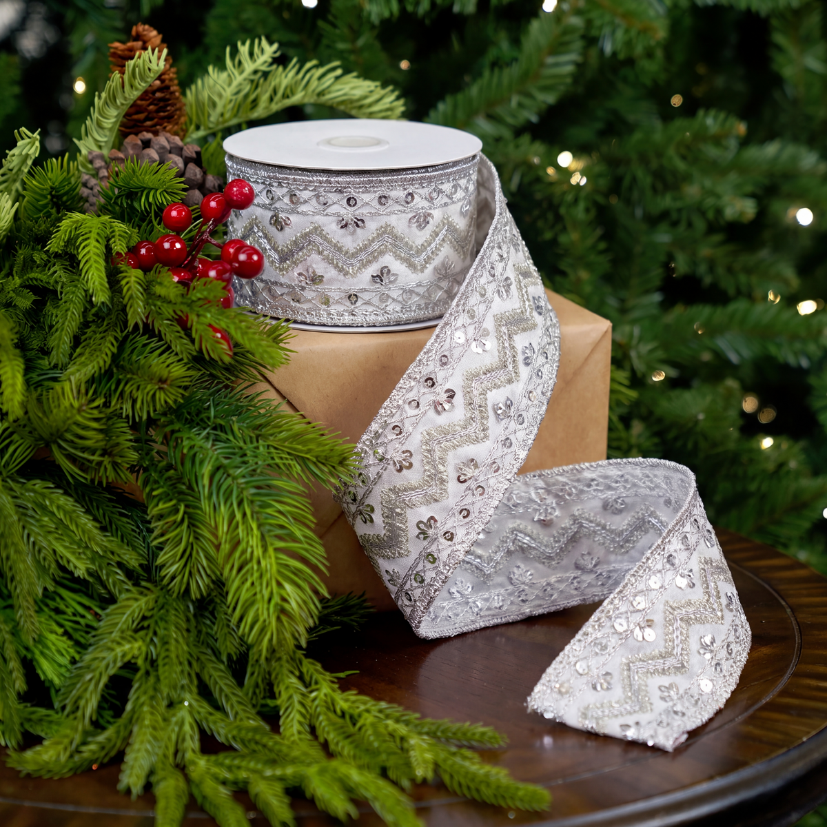 4" X 5YD Silver Sequin Lace Ribbon