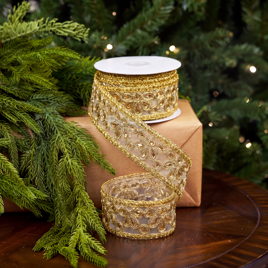 1.5" X 5YD Gold Jewel Floral Ribbon
