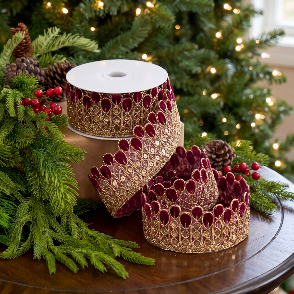 1.75" X 5YD Red Ribbon With Embroidered Gold Leaves