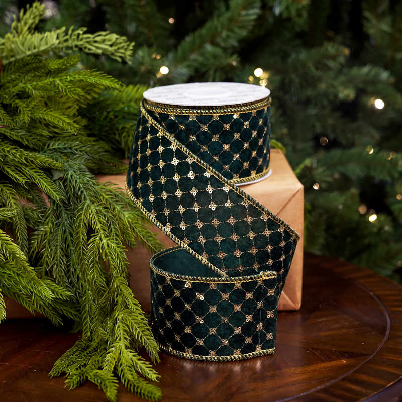 3" X 5YD Green Ribbon With Gold Sequin Diamond Edge