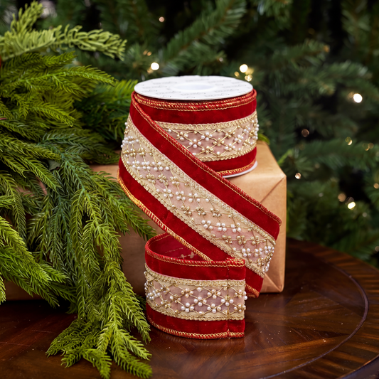 3" X 5YD Red Gold Center Ribbon With Pearls