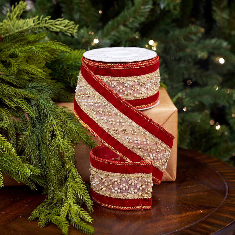 3" X 5YD Red Gold Center Ribbon With Pearls
