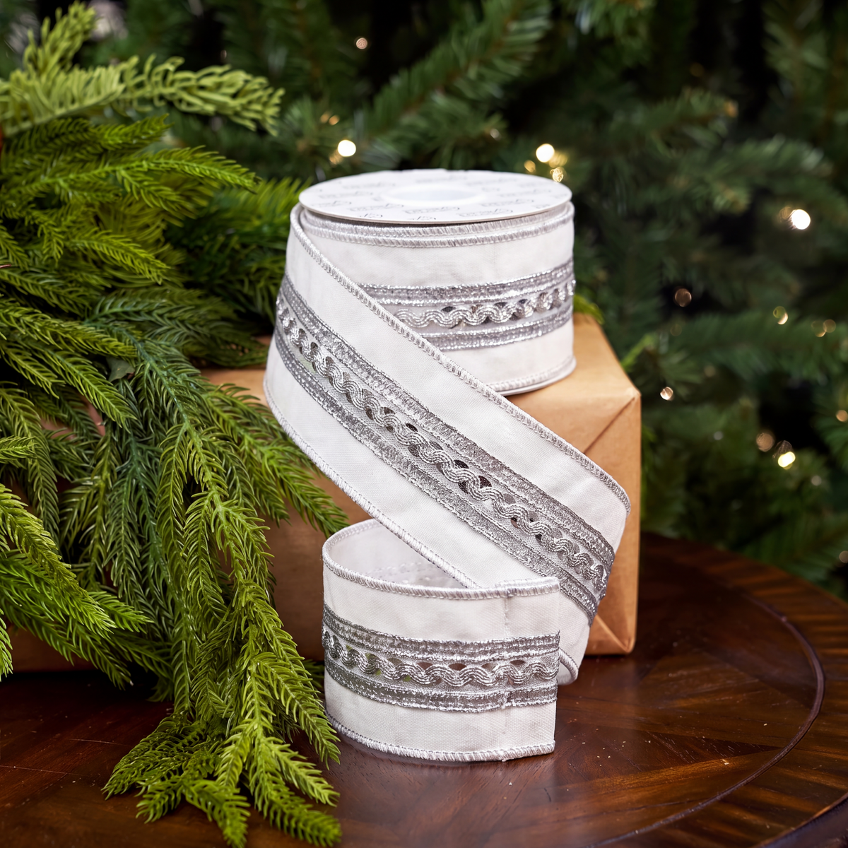 3" X 5YD White Silver Center Ribbon