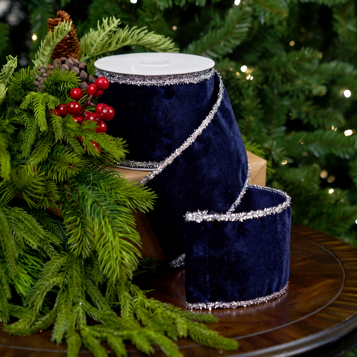 3" X 5YD Blue Velvet Ribbon With Silver Edge Trim