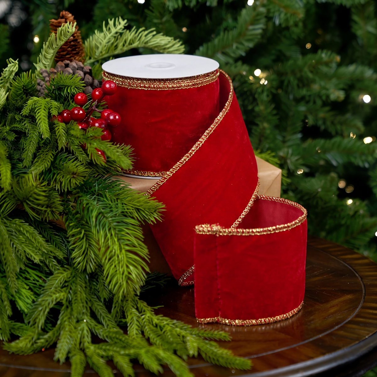 3" X 5YD Red Velvet Ribbon With Gold Edge Trim