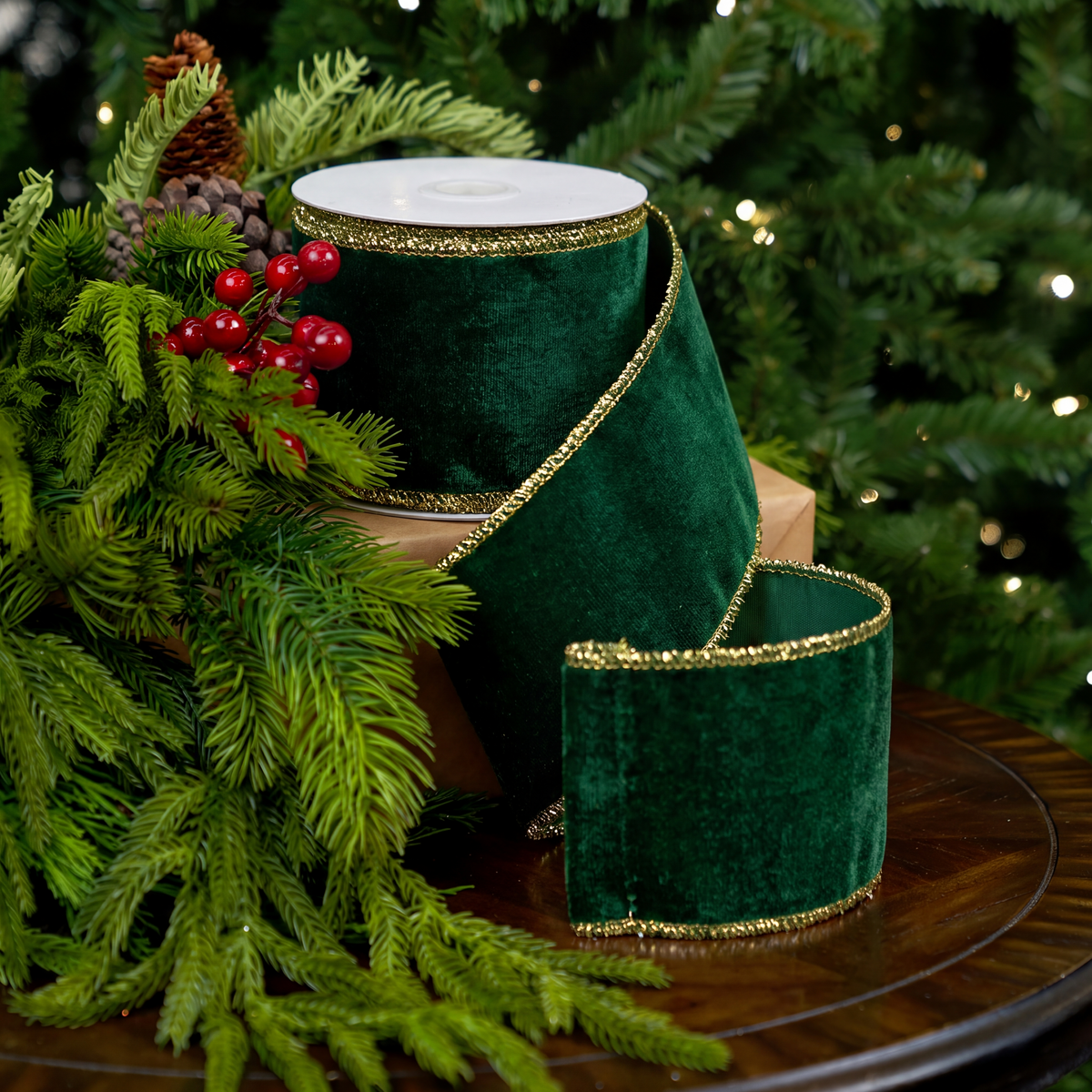 3" X 5YD Green Velvet Ribbon With Gold Edge Trim