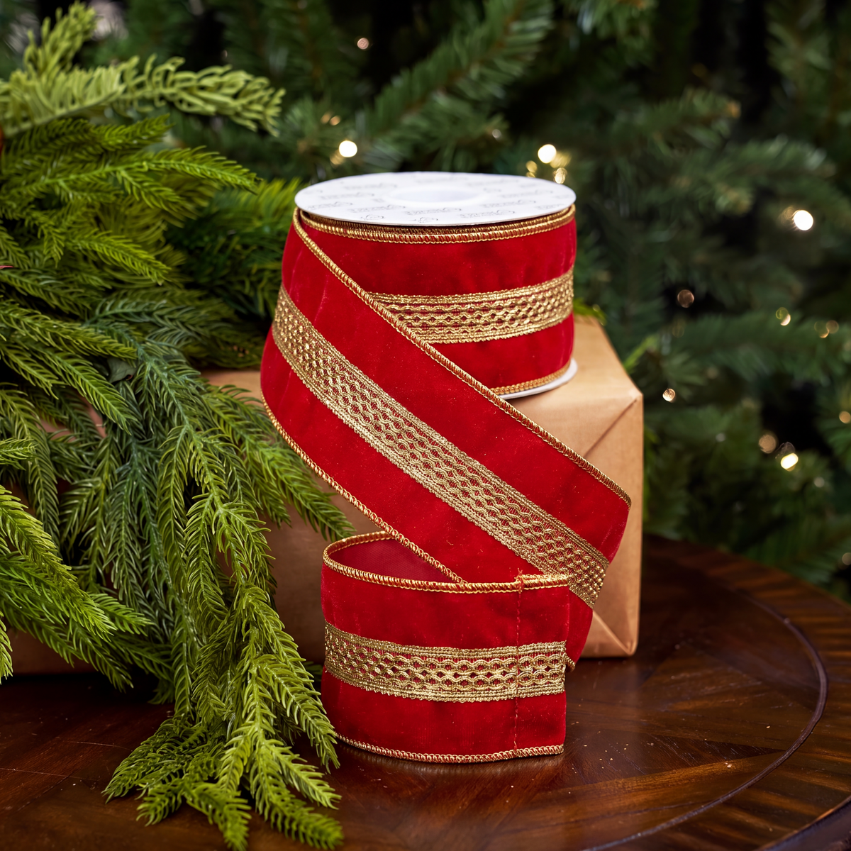 3" X 5YD Red Ribbon With Gold Embroidered Center