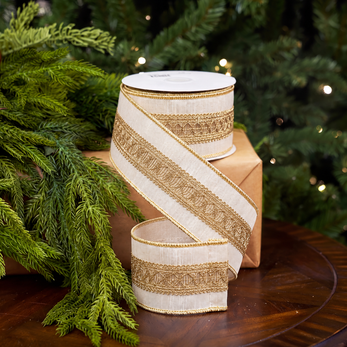 3" X 5YD Ivory Ribbon With Gold Embroidered Center