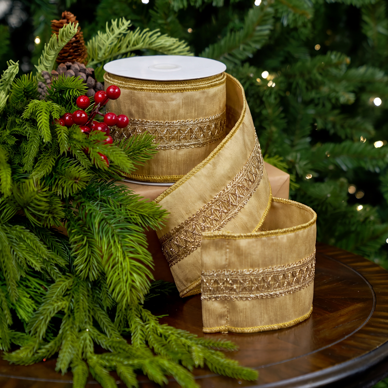 3" X 5YD Gold Embroidered Ribbon
