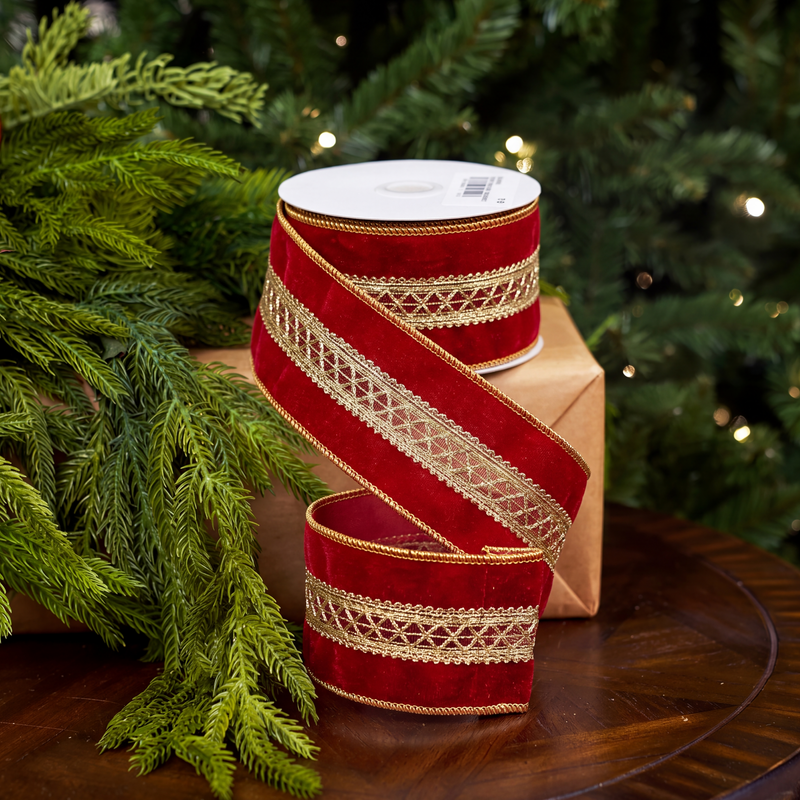 3" X 5YD Red Ribbon With Gold Embroidered Center