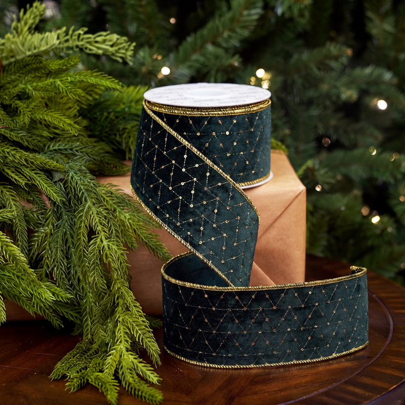 4" X 5YD Green Gold Sequin Embroidered Ribbon