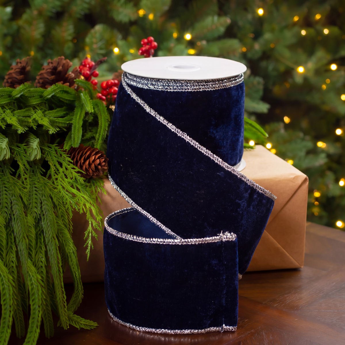 4" X 5YD Navy Velvet Ribbon With Silver Edge Trim