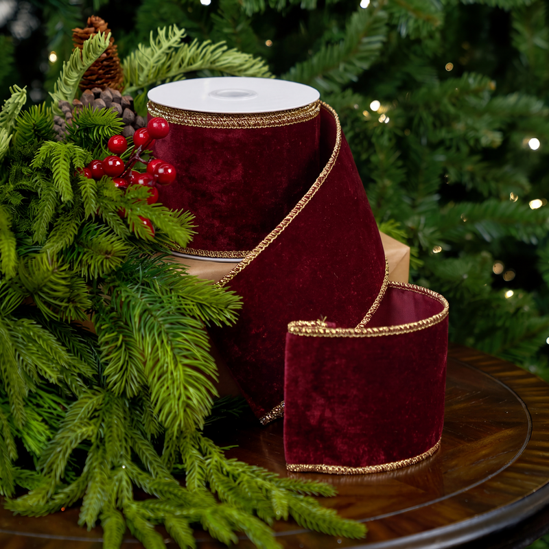 4" X 5YD Red Velvet Ribbon With Gold Edge Trim