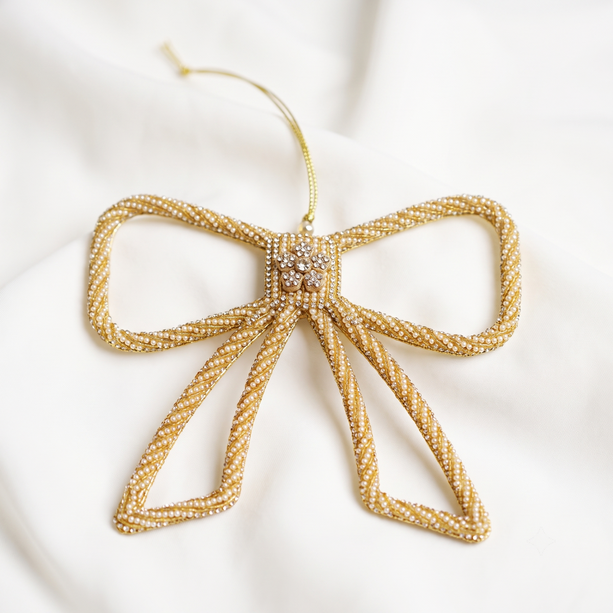 8" Gold Crystal Beaded Bow Ornament Set Of 8