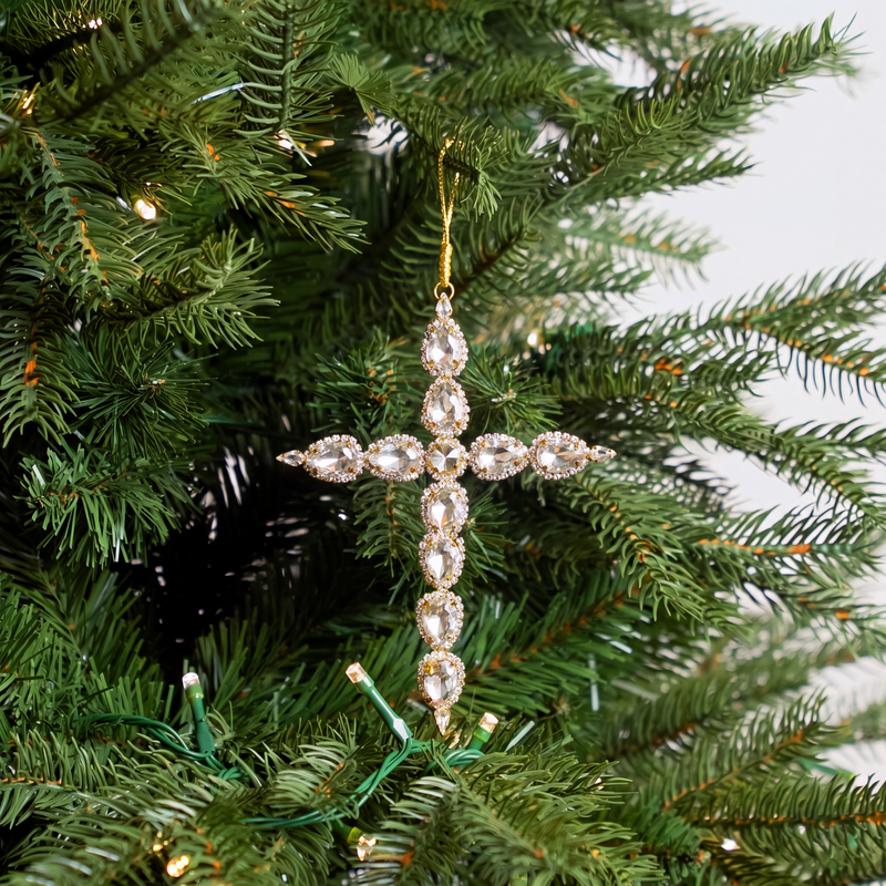7" Gold Crystal Cross Ornament Set Of 6