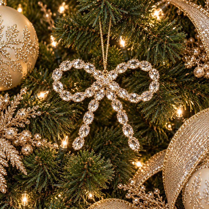 6" Gold Gem Bow Ornament Set Of 6