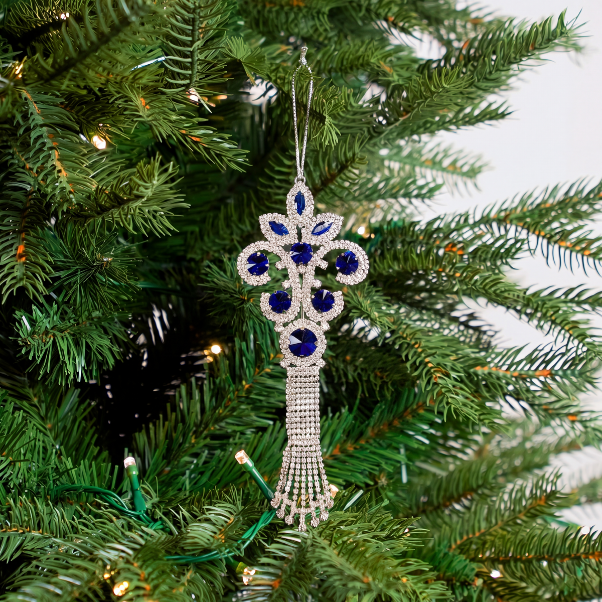 8" Blue & Silver Jewel Teardrop Ornament Set Of 6