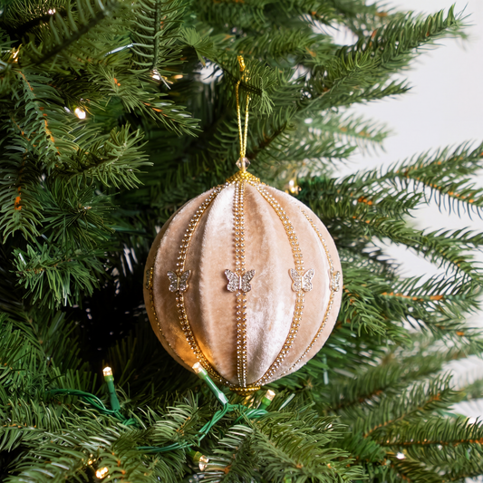 6" Ivory Velvet Ball Ornament With Gold Beaded Butterflies Set Of 6
