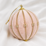 4" Light Pink Velvet Ball Ornament With Gold Beaded Butterflies Set Of 6