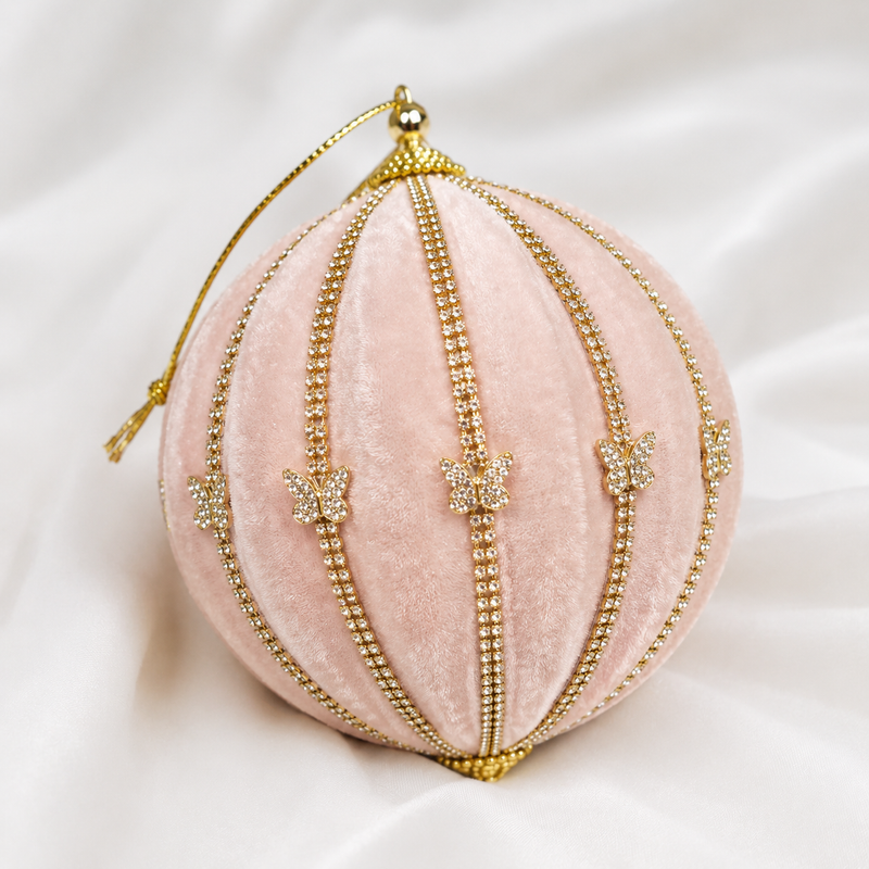4" Light Pink Velvet Ball Ornament With Gold Beaded Butterflies Set Of 6