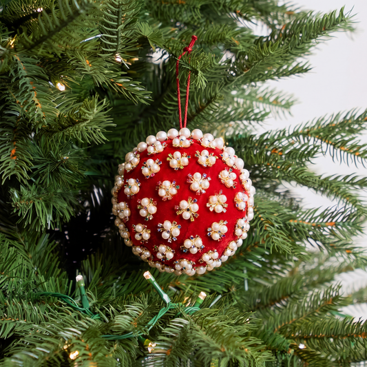 6" Red Velvet Ornament With Pearl & Gold Beaded Accents Set Of 4