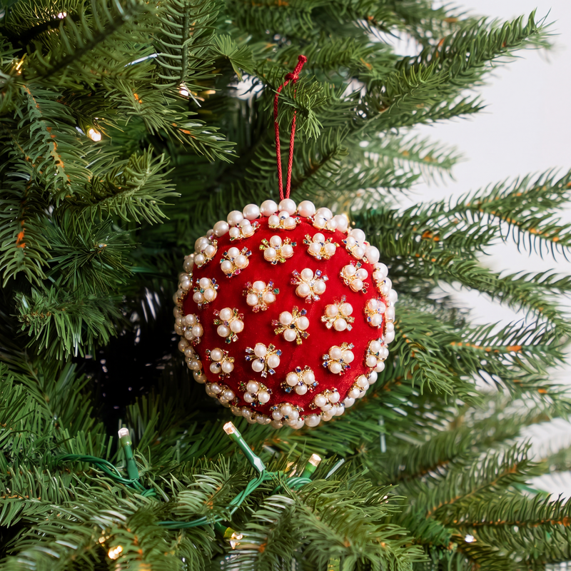 6" Red Velvet Ornament With Pearl & Gold Beaded Accents Set Of 4