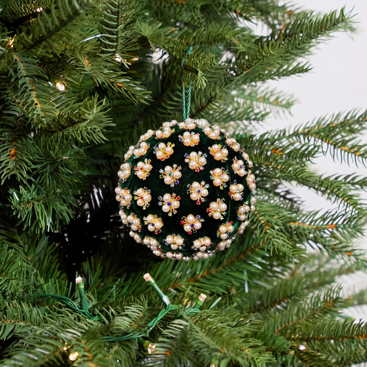 6" Emerald Velvet Ornament With Pearl & Gold Beaded Accents Set Of 4