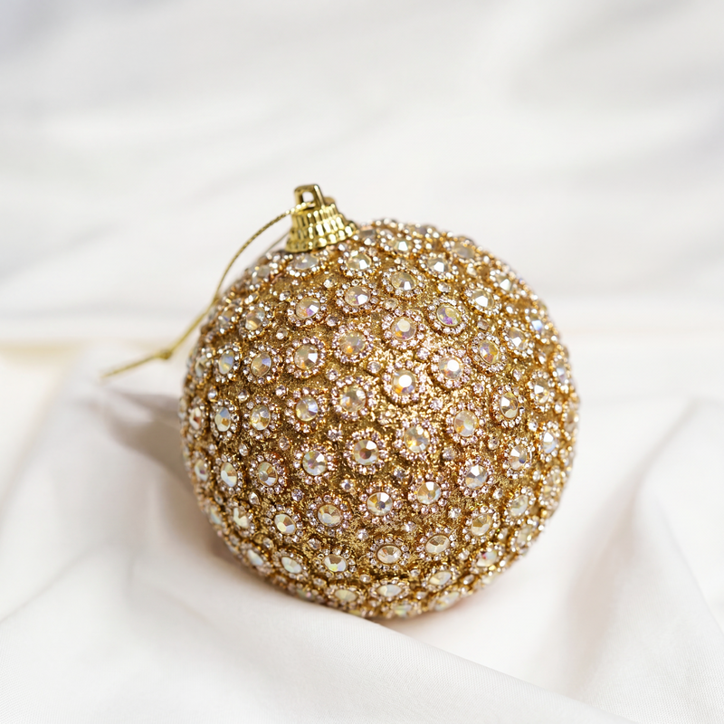 6" Gold Crystal Beaded Ball Ornament Set Of 4