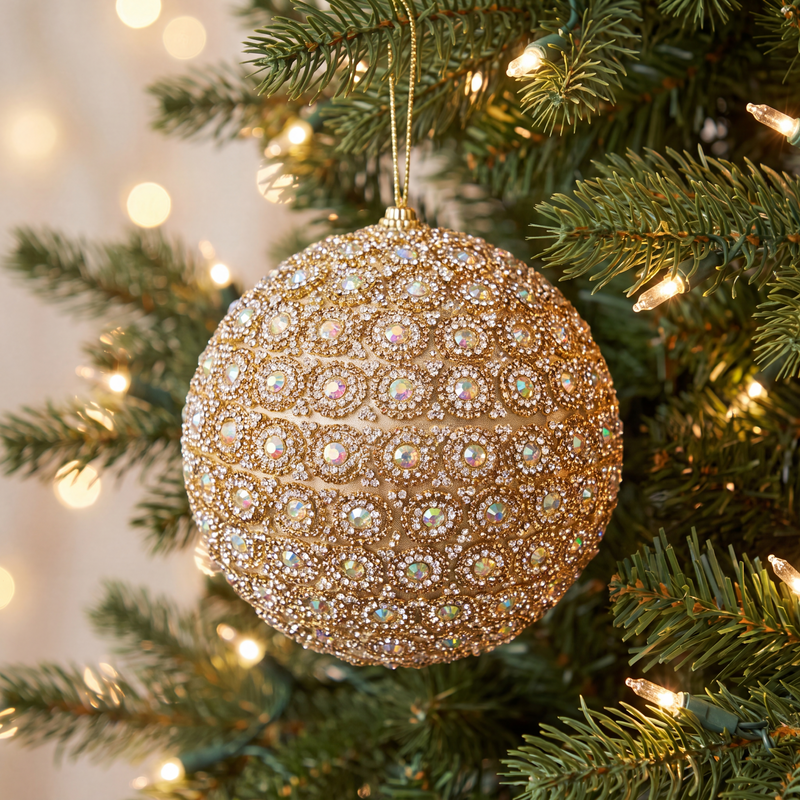 6" Gold Crystal Beaded Ball Ornament Set Of 4