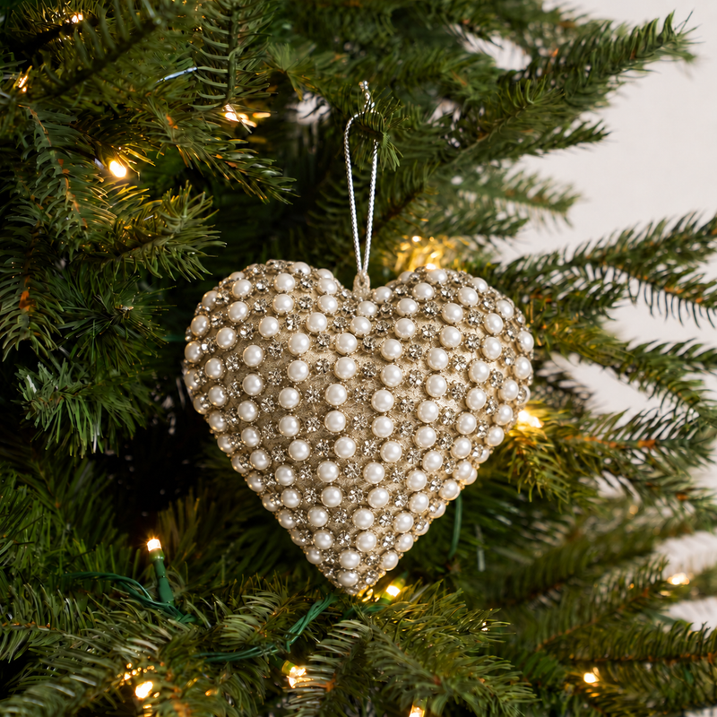 6" Gold Beaded Heart Ornament with Pearl Accents Set Of 4