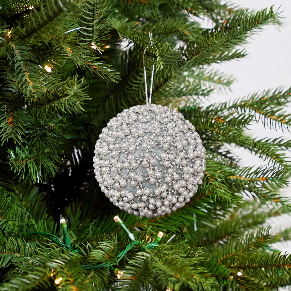 6" Blue Ornament With White Pearl & Silver Beads Set Of 4