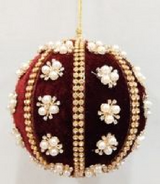 6" Burgundy Velvet Ball Ornament With Pearl & Gold Beaded Trim Set Of 4