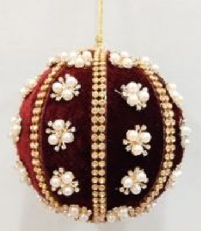 6" Burgundy Velvet Ball Ornament With Pearl & Gold Beaded Trim Set Of 4