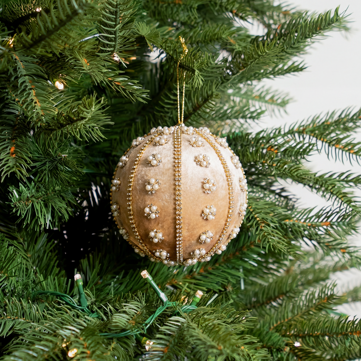 6" Gold Velvet Ornament with Pearl & Beaded Accents Set Of 4