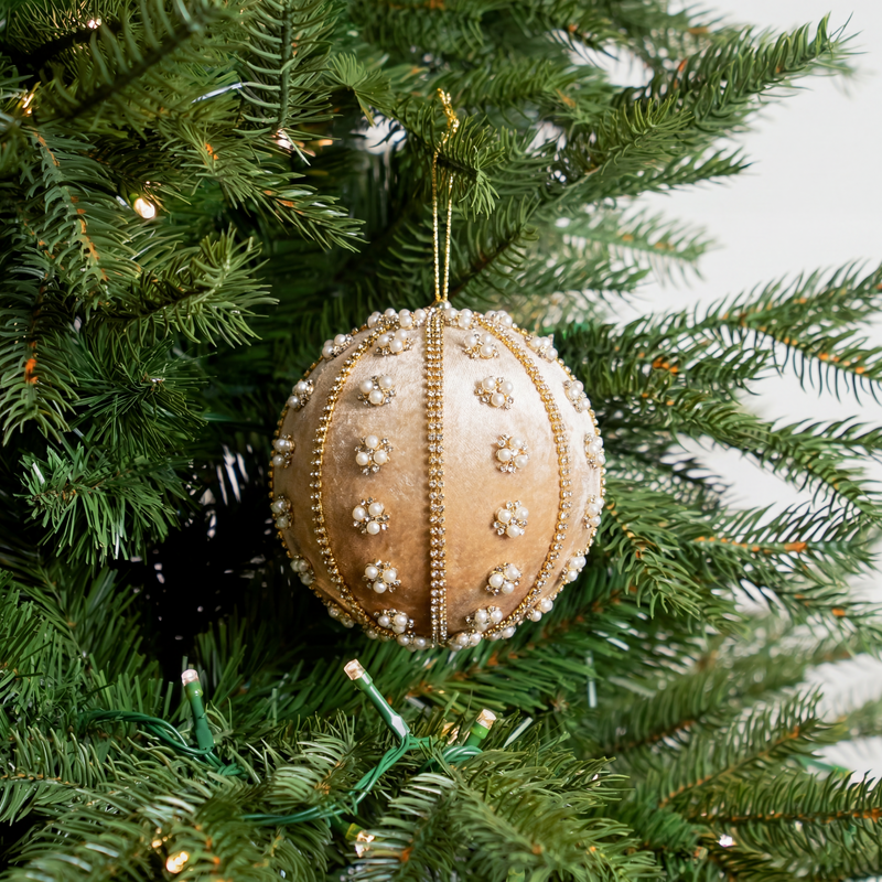 6" Gold Velvet Ornament with Pearl & Beaded Accents Set Of 4