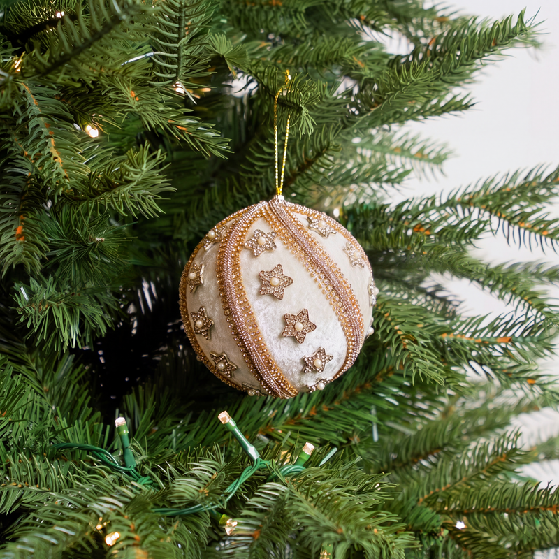 6" Ivory Velvet Ornament With Gold Stars Set Of 4
