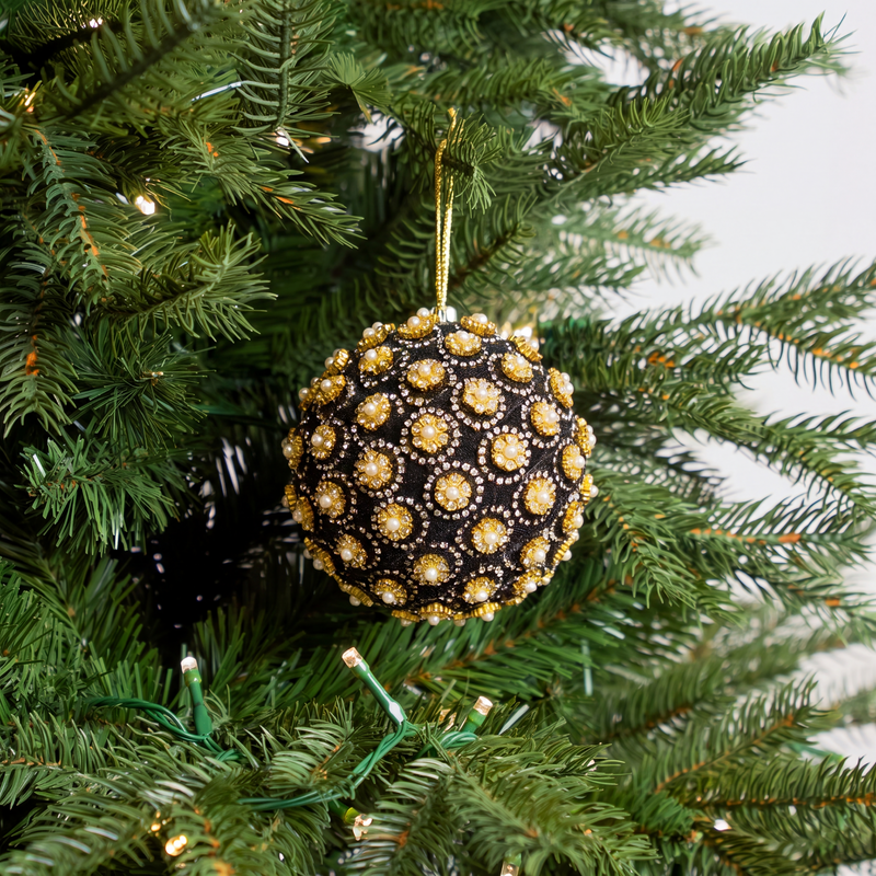 6" Black Beaded Ornament With Gold Crystal Flower Accents Set Of 4