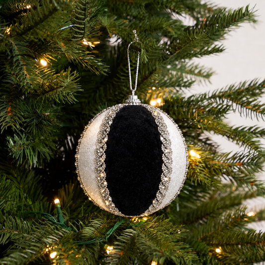 6" Black & White Velvet Ornament With Silver Beaded Trim Set Of 6