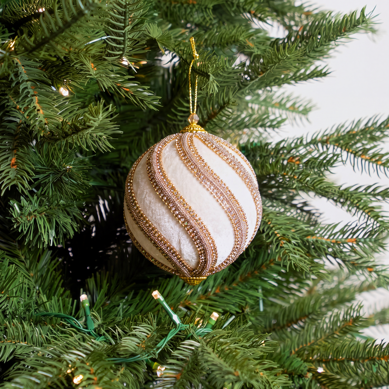 6" Ivory Velvet Ornament With Gold Beaded Swirls Set Of 4