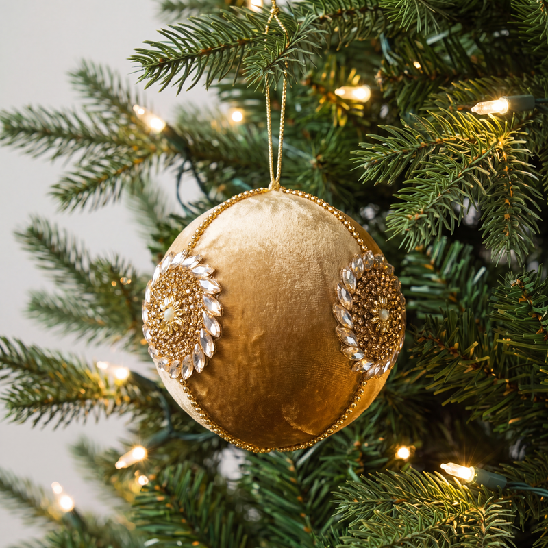 6" Gold Velvet Gold Jeweled Ornament Set Of 6