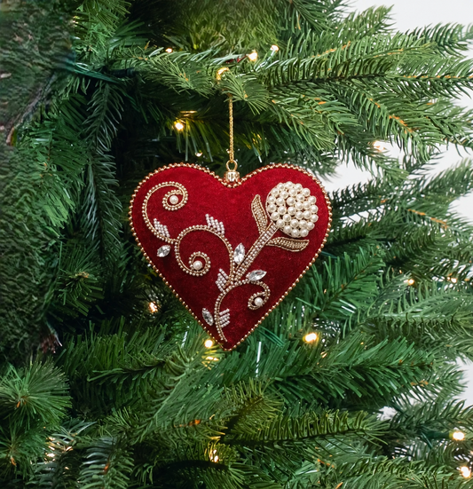 6" Red Velvet Heart Ornament With Beaded Pearl Flowers Set Of 4