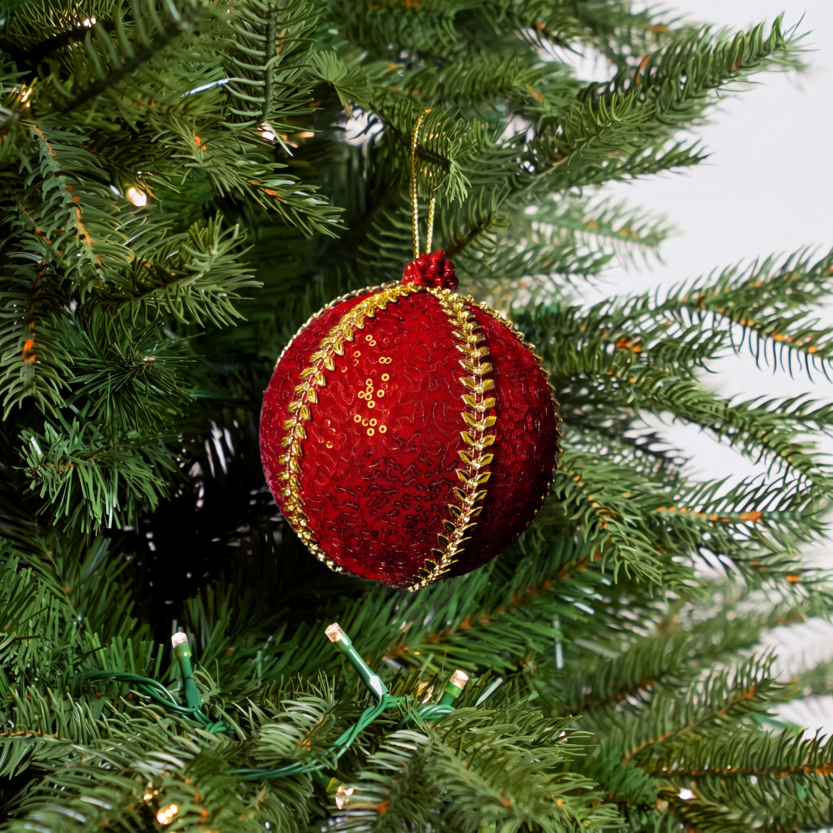 6" Red Sequin Ornament With Gold Jewel Trim Set Of 4