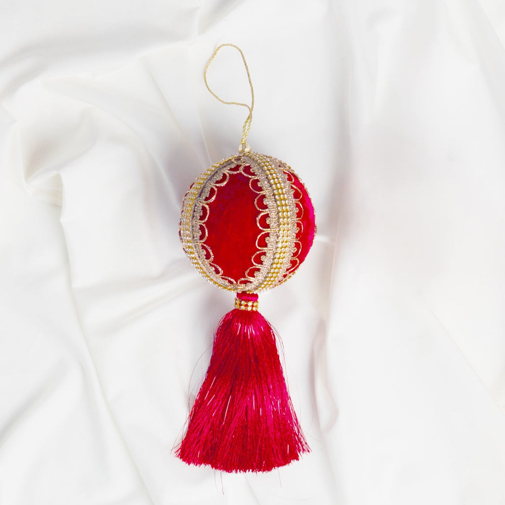 4" Red Velvet Tassel Jeweled Ball Ornament Set of 6