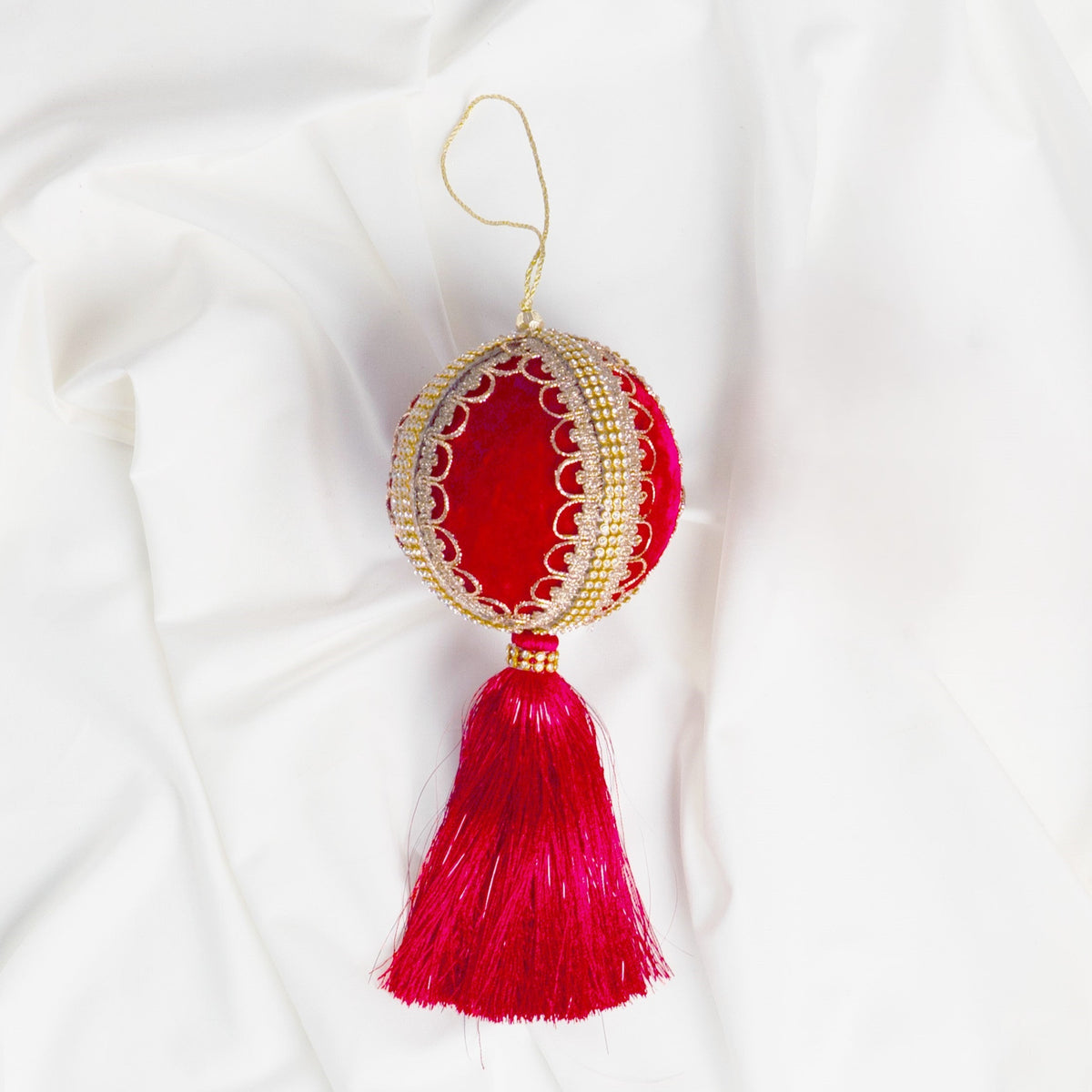Juego de 6 adornos de bola con borlas de terciopelo rojo y joyas de 10 cm