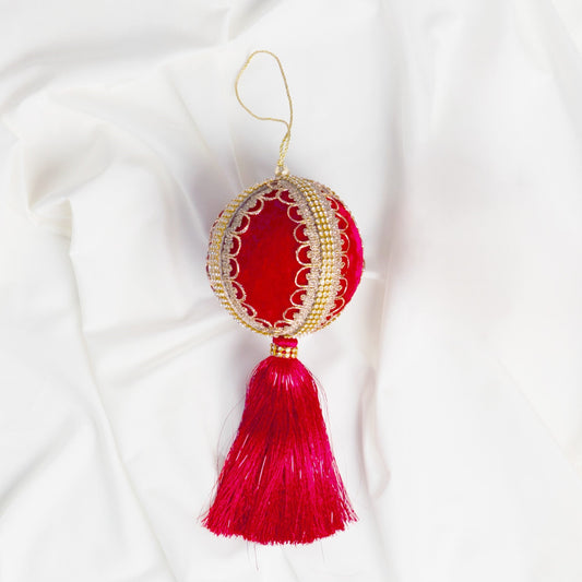 4" Red Velvet Tassel Jeweled Ball Ornament Set of 6