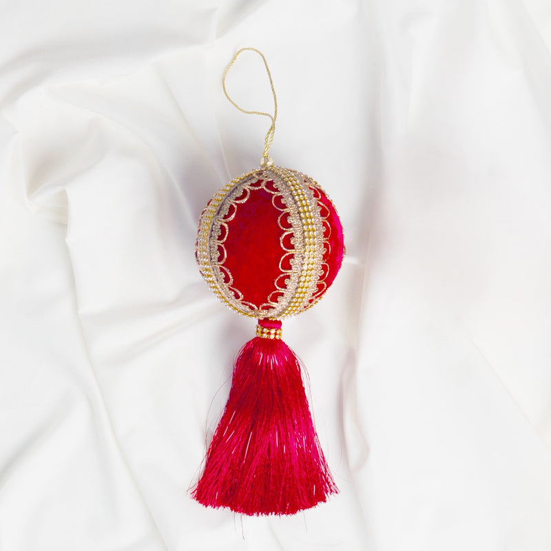 Juego de 6 adornos de bola con borlas de terciopelo rojo y joyas de 10 cm