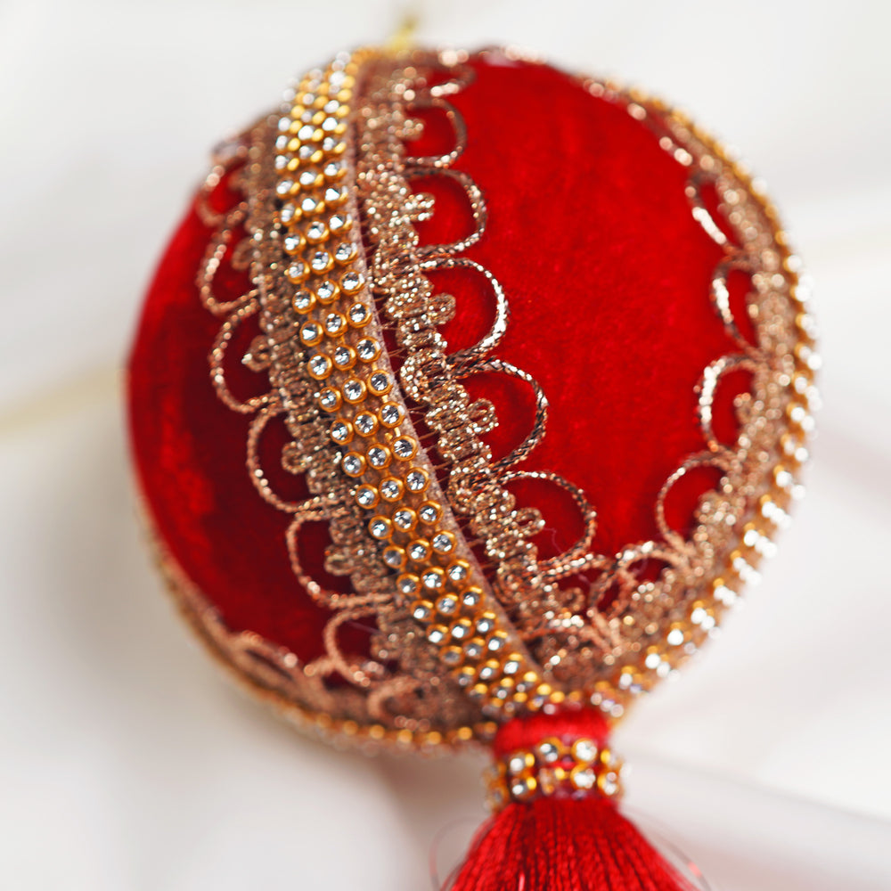 4" Red Velvet Tassel Jeweled Ball Ornament Set of 6