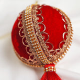 4" Red Velvet Tassel Jeweled Ball Ornament Set of 6